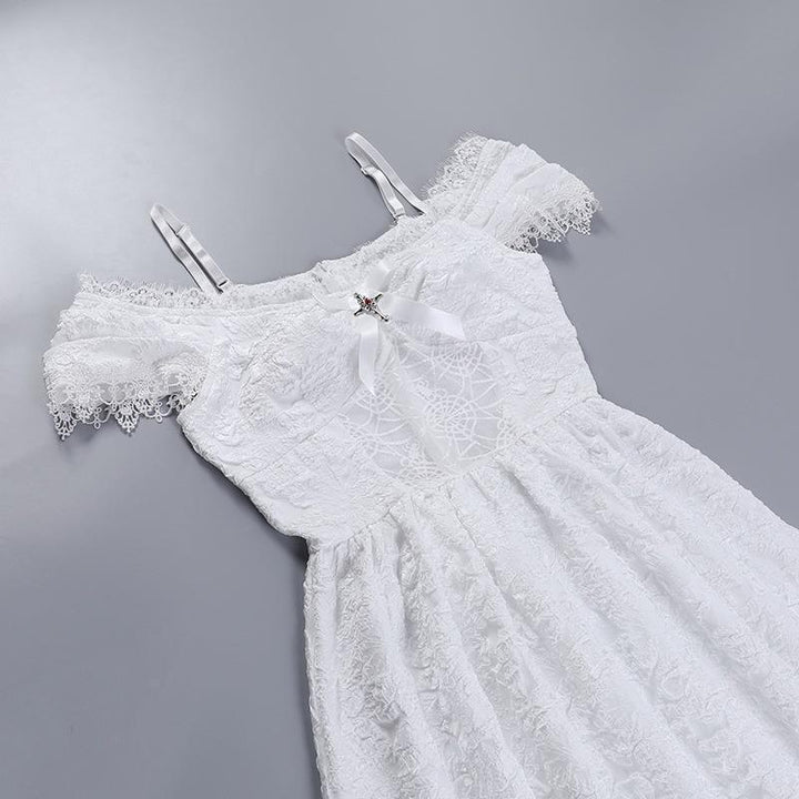 details of white gothic lolita lace sleeveless short dress