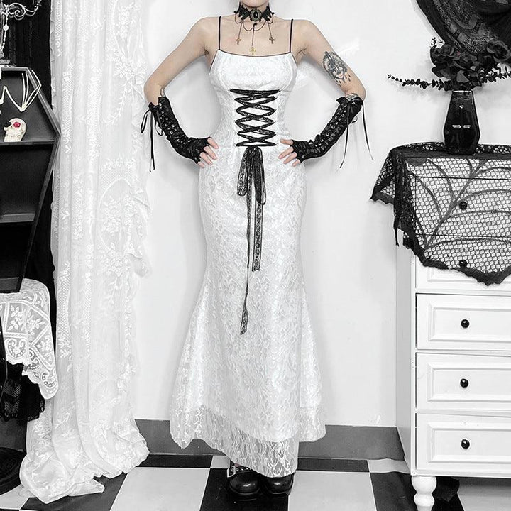 a woman wear a white gothic sexy lace camisole dress