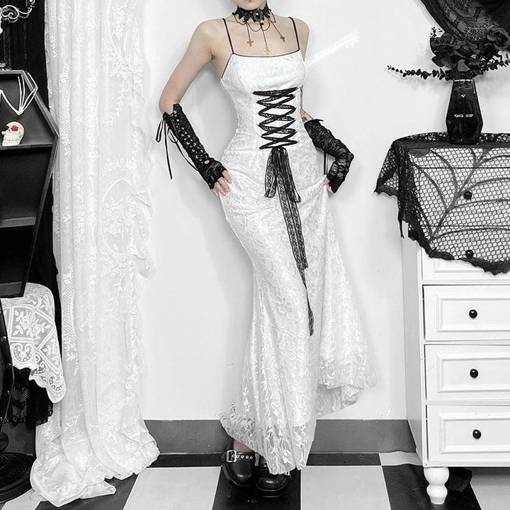 a woman wear a white gothic sexy lace camisole dress