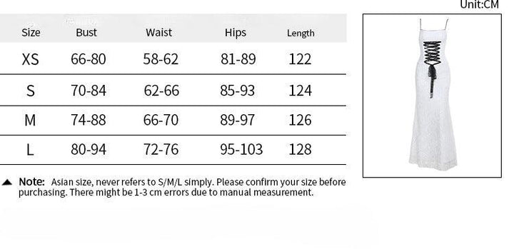 size chart of white gothic sexy lace camisole dress