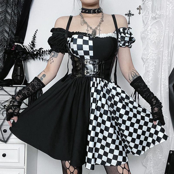 a woman wear a women black and white gothic princess short corset dress