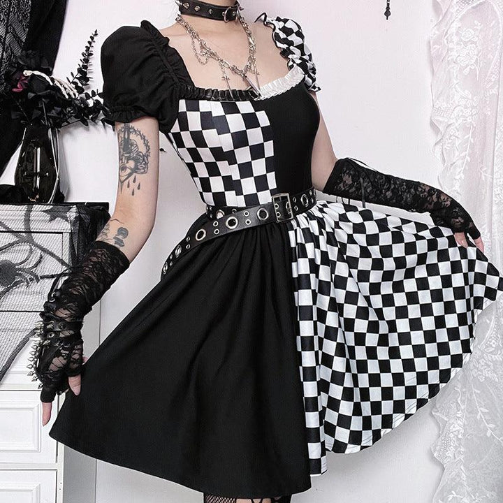 a woman wear a women black and white gothic princess short corset dress