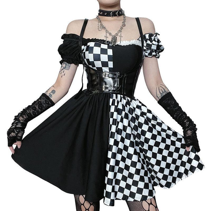 a woman wear a women black and white gothic princess short corset dress