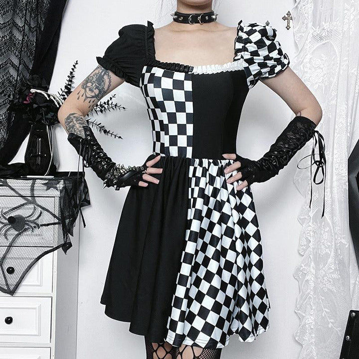 a woman wear a women black and white gothic princess short corset dress