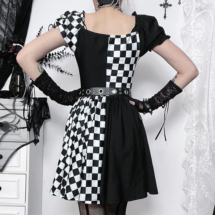 a woman wear a women black and white gothic princess short corset dress