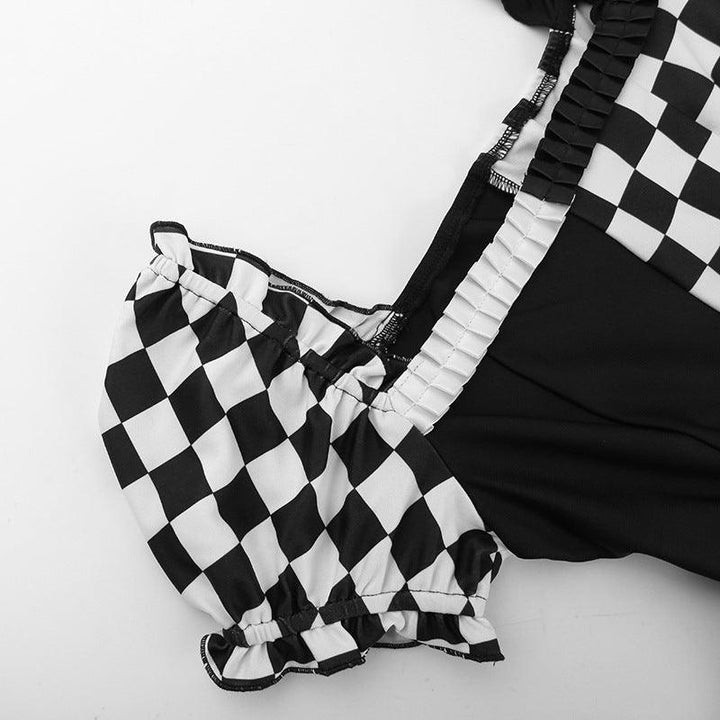 details of women black and white gothic princess short corset dress