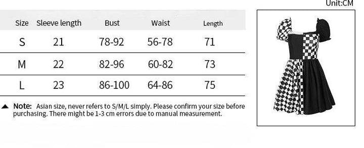 size chart of women black and white gothic princess short corset dress