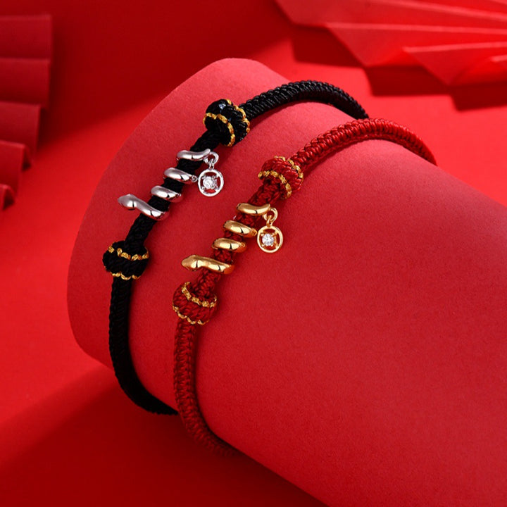 year of snake 925 silver red and black lucky string bracelet