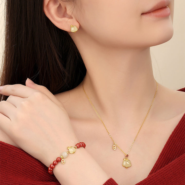 year of snake jade and cinnabar red protection bracelet necklace earrings